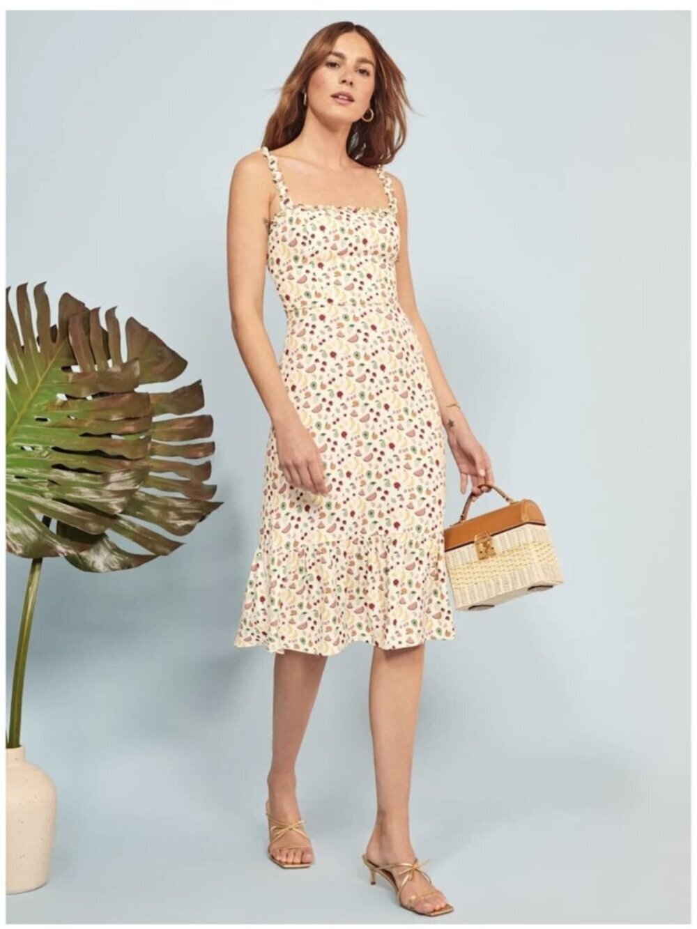 Reformation Cream Fruit Print Tancy Midi Dress Ruffle Hem Size 12